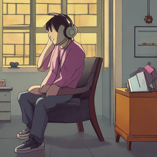 AI generated: high definition anime portrait of a man sitting in an armchair at home thinking about things, two le...