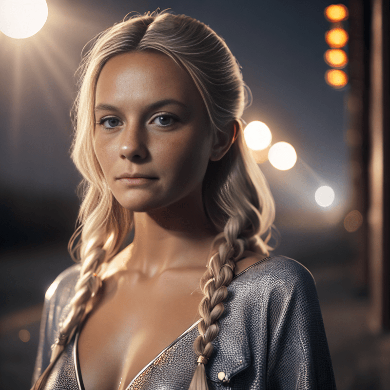 AI generated: 8k pinup, a norwegian brown skinned indigenous 25 year old beautiful woman with blonde hair and cult...