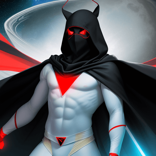 AI generated: We are seeing a six feet tall, superhero, in a black hooded type cowl mask,with no ear, in white tig...