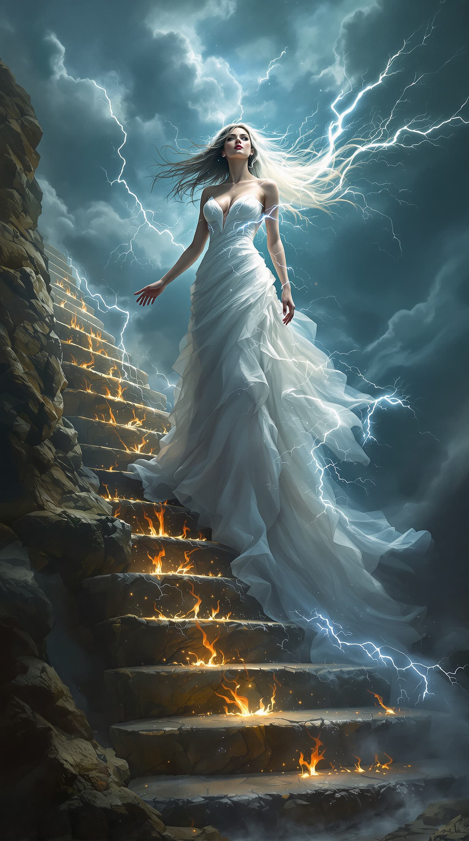 AI generated: A bride, her essence intertwined with the raw, elemental forces of nature, stands on a staircase for...