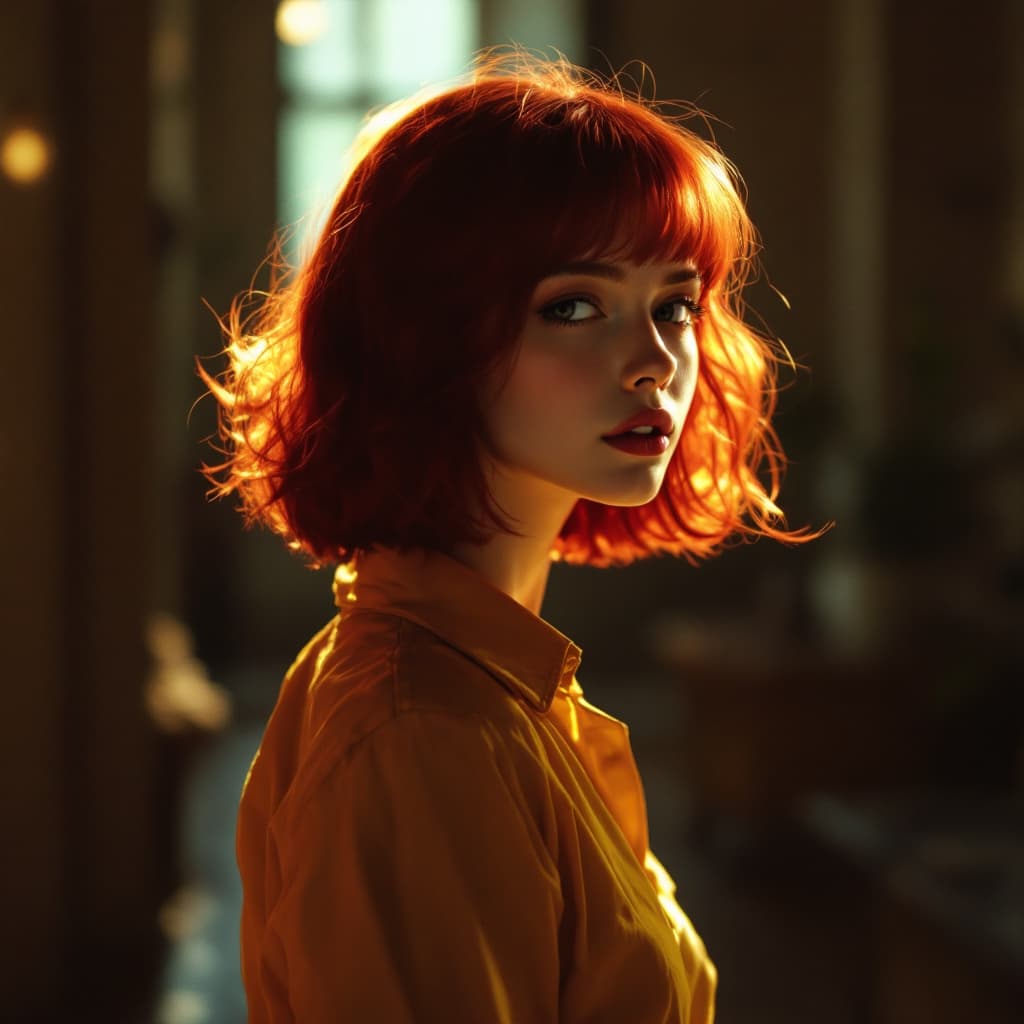 AI generated: cherry redhead girl, medium chanel cut, with yellow shirt is posing, soft and atmospheric lighting -...