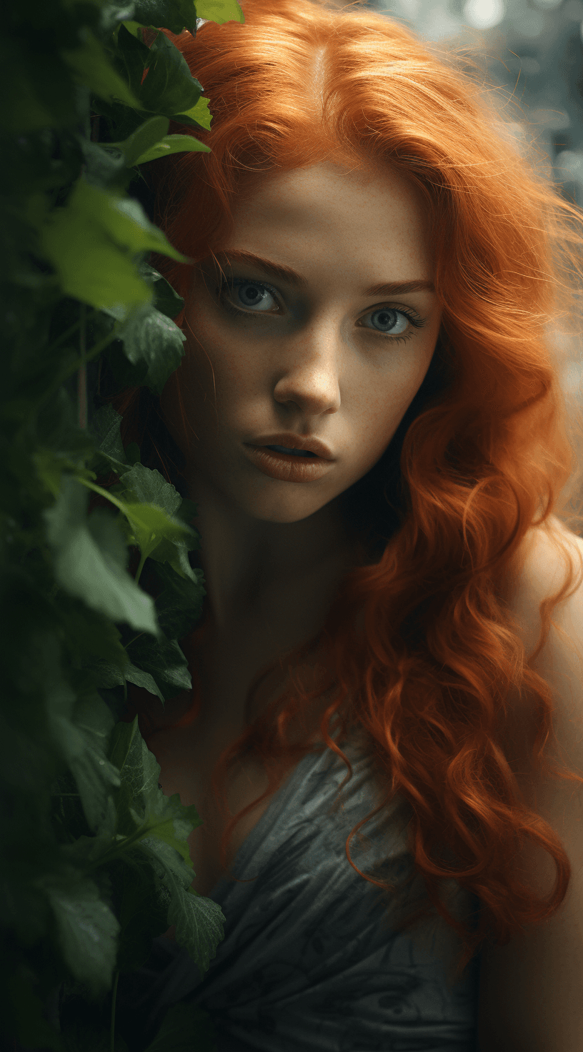 AI generated: A young girl with red hair and green leaves, in the style of detailed atmospheric portraits, vray tr...