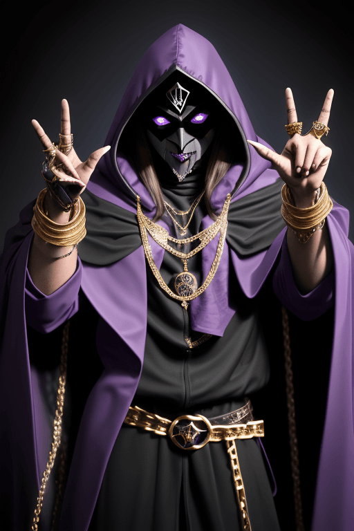 AI generated: Shadow wizard money gang, in purple cloak hood, dark face, gold chains and jewellery, rock and role ...