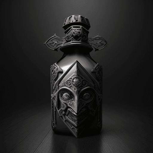 AI generated: extra wide view an ominous dark ancient mask hyper-detailed gothic steampunk low poly medieval baroq...