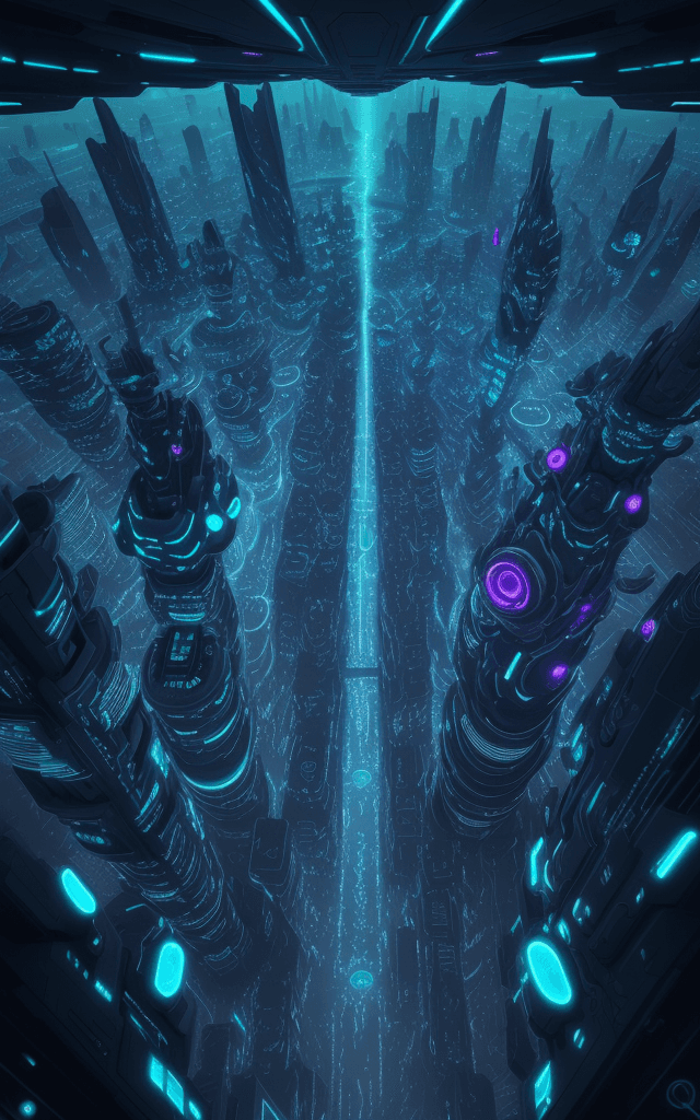 AI generated: bioluminescent futuristic city, birds eye view --ar 3:2 --chaos 100 --stylize 1000 --v 4 --q 2
