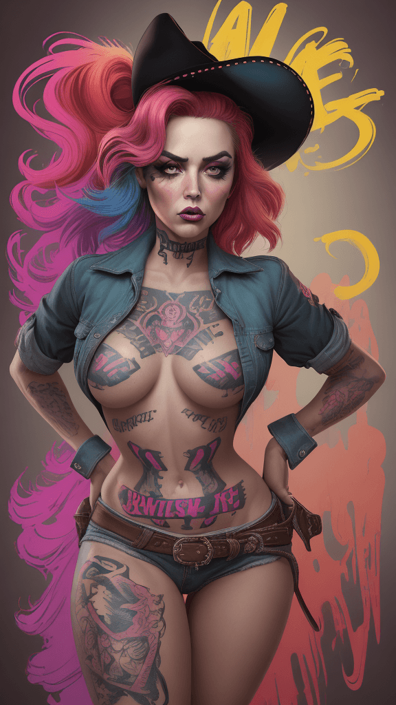 AI generated: This vividly colored digital illustration captures a "flawless cowgirl" posed asymmetrically in a na...