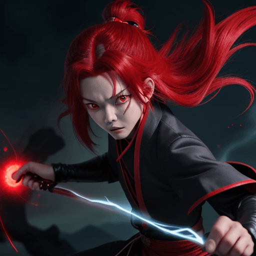 AI generated: tanjiro from demon slayer striking toward the camera with glowing eyes and crimson hair, electric au...