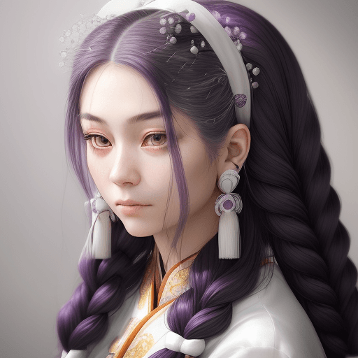 AI generated: A woman with long deep purple hair styled in a side braid, adorned with white hair accessories. She ...