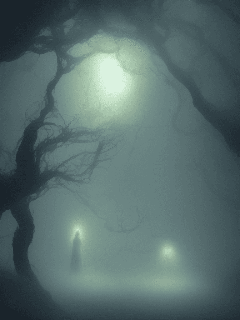 AI generated: Ghost in myst, Realistic, Hauntingly beautiful,feerie lighting, wispy tendrils, etherial, Highly det...