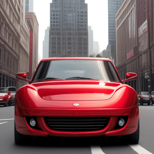 AI generated: crimson [car name] in big city - crimson car in a big city