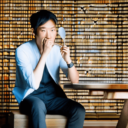 AI generated: Japanese handsome man sits at the table and he is bringing up a spoon to his mouth

