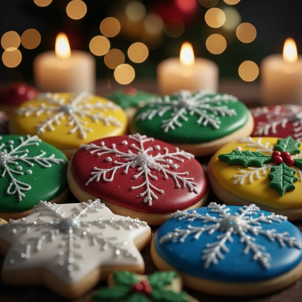AI generated: "Close-up of Christmas cookie icing textures, rich colors and soft bokeh"