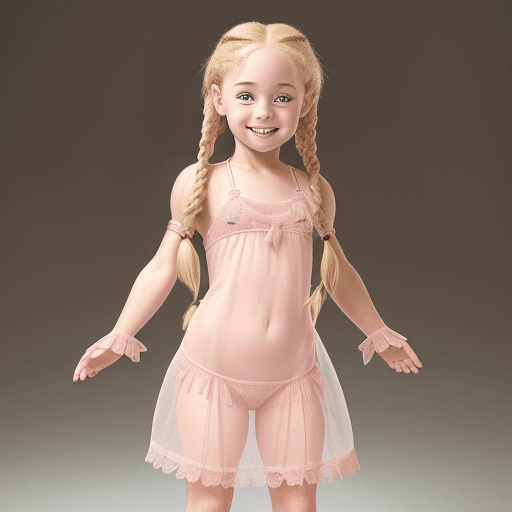 AI generated: Realistic full-body photograph of a little happy girl with blond braids. She has a cute face. She's ...