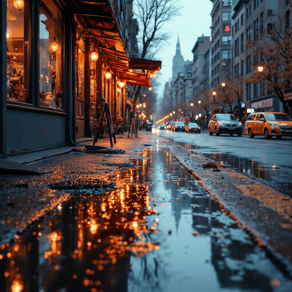 AI generated: A photorealistic image of a street in New York at Sunset at a rainy day. 
Rain. The stores are also...