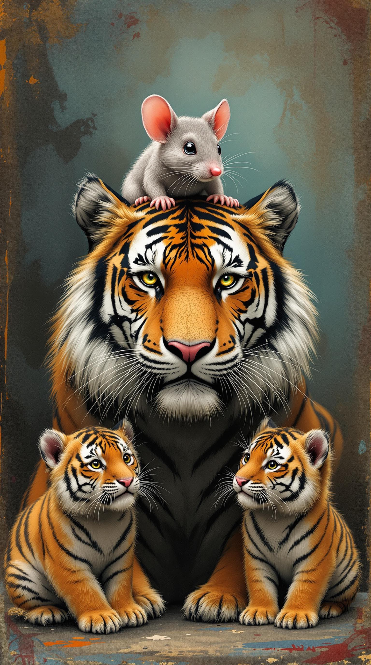 AI generated: a tiger and two tiger cubs, and a oversized mouse ,with a mouse on the tiger's head, the mouse holdi...