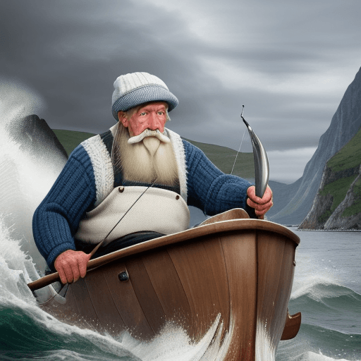 AI generated: An elderly fisherman in a knitted cap, clean-shaven, smooth chin, with a short moustache, in a rowbo...