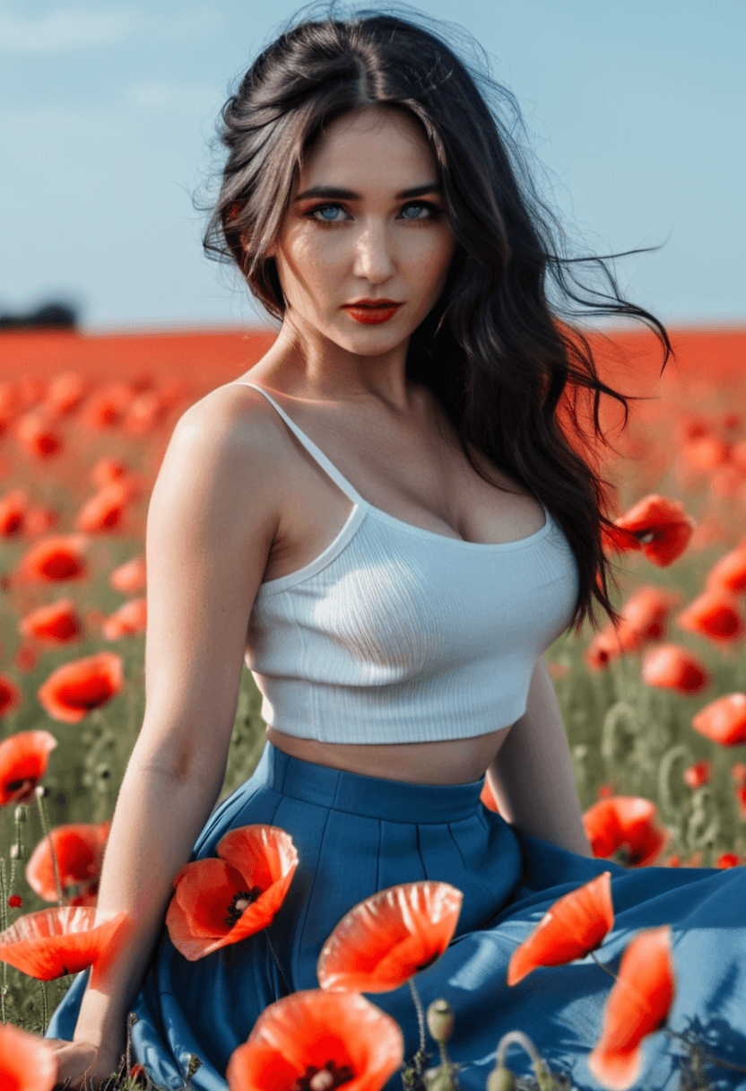 AI generated: photograph of an sexy alluring woman sitting on the ground in a field of red poppy flowers, from the...