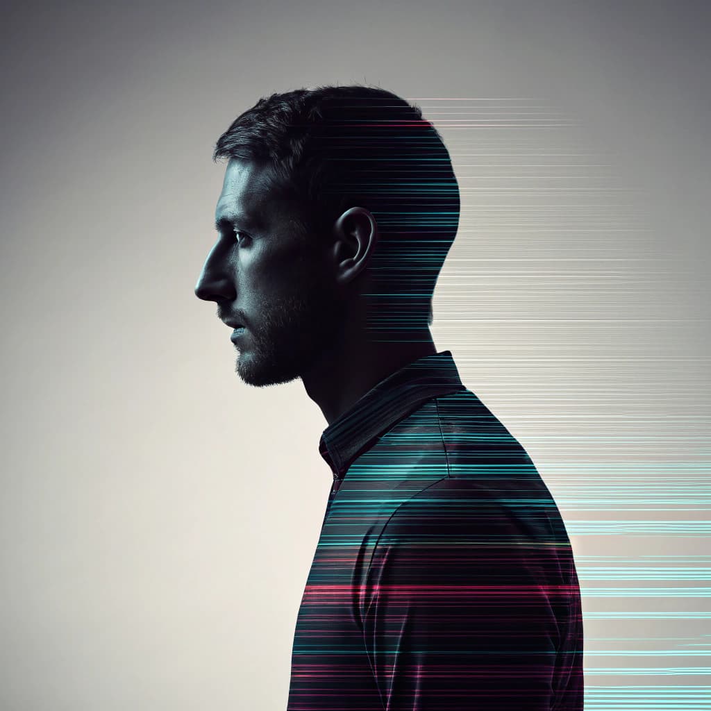 AI generated: glitch art with linear distortion, horizontal scan lines and digital interference, vertical portrait...