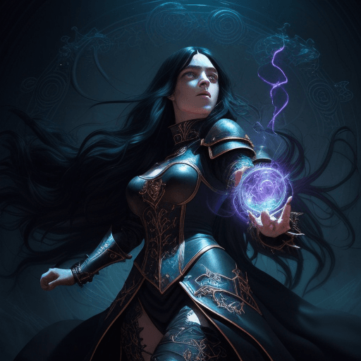 AI generated: A female warlock with long black hair wearing ornate leather armor, Casting a Spell, Swirling magica...