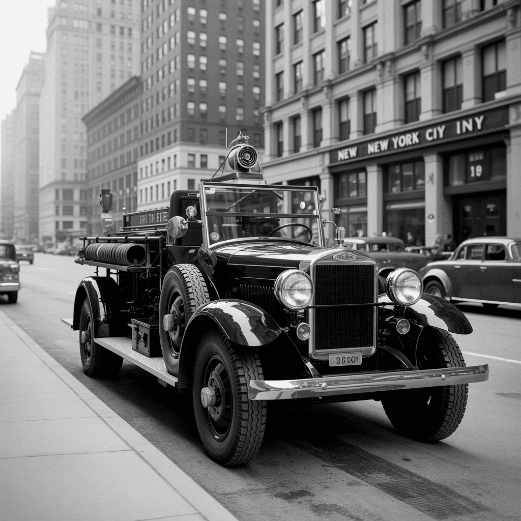 AI generated: photo-realistic black and white photo of a 1920's New York fire engine, parked outside the fire hous...