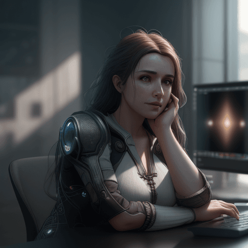 AI generated: photography of women ,computer on background ,realistic, unreal engine, octane render, bokeh, vray, ...