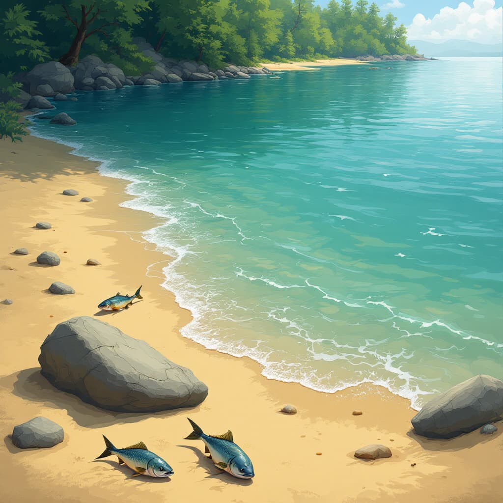 AI generated: river shore, sand, animation style, fish