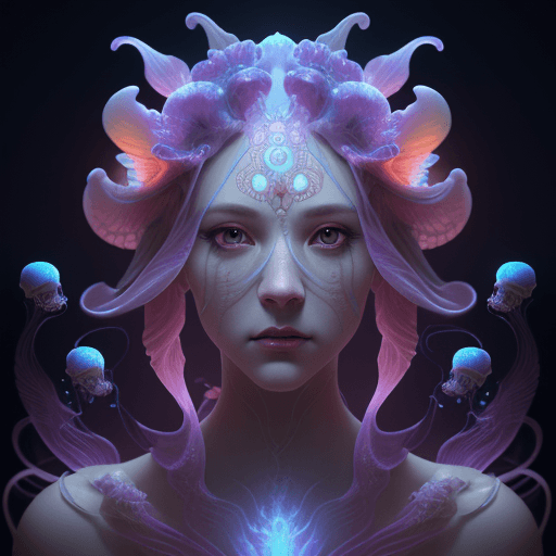 AI generated: Goddess close-up portrait ribcagel. jellyfish phoenix head, nautilus, orchid, skull, betta fish, bio...