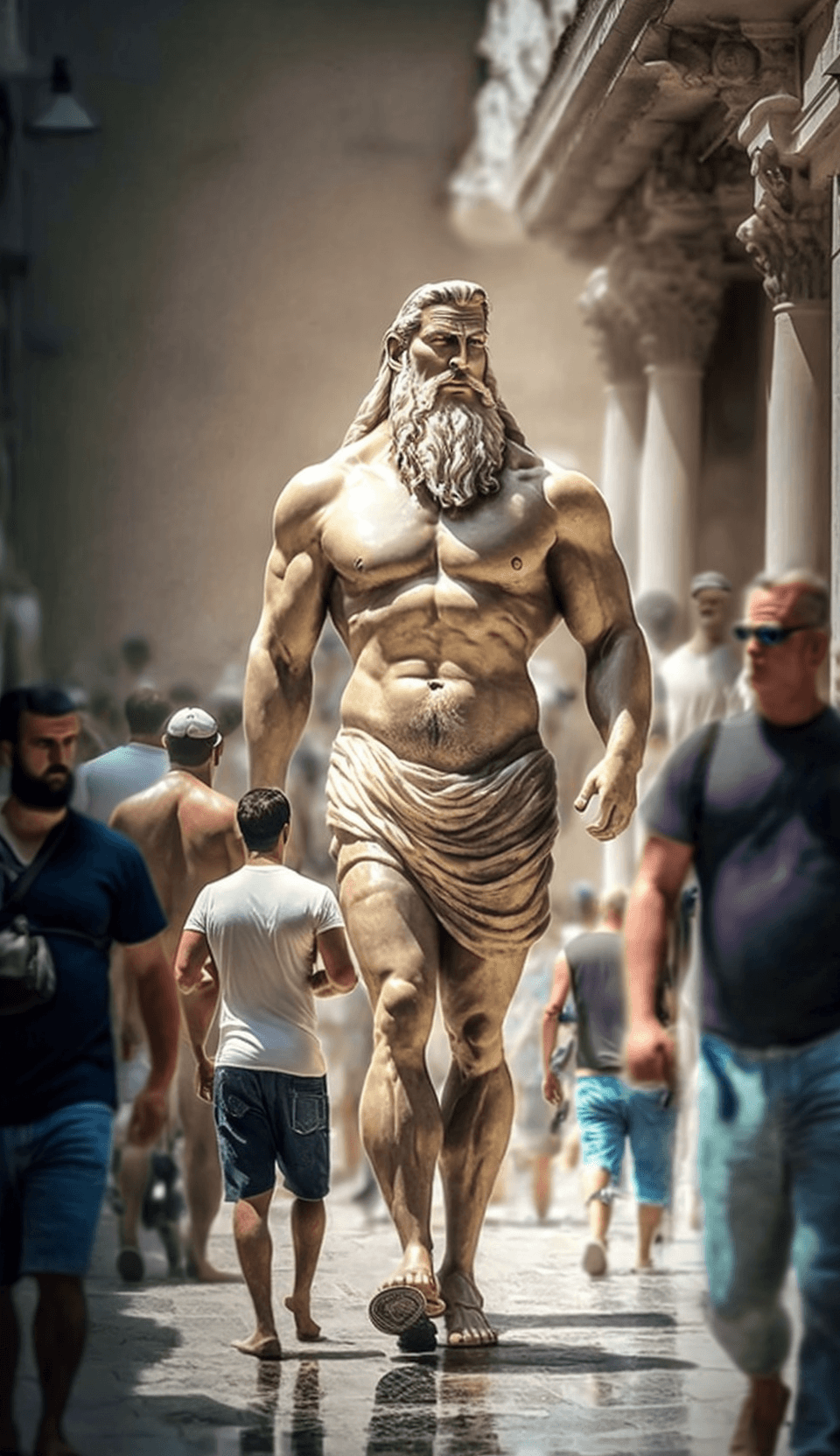 AI generated: zeus god walking in the streets of greece with actual people around him cinematic, ultraphotorealist...
