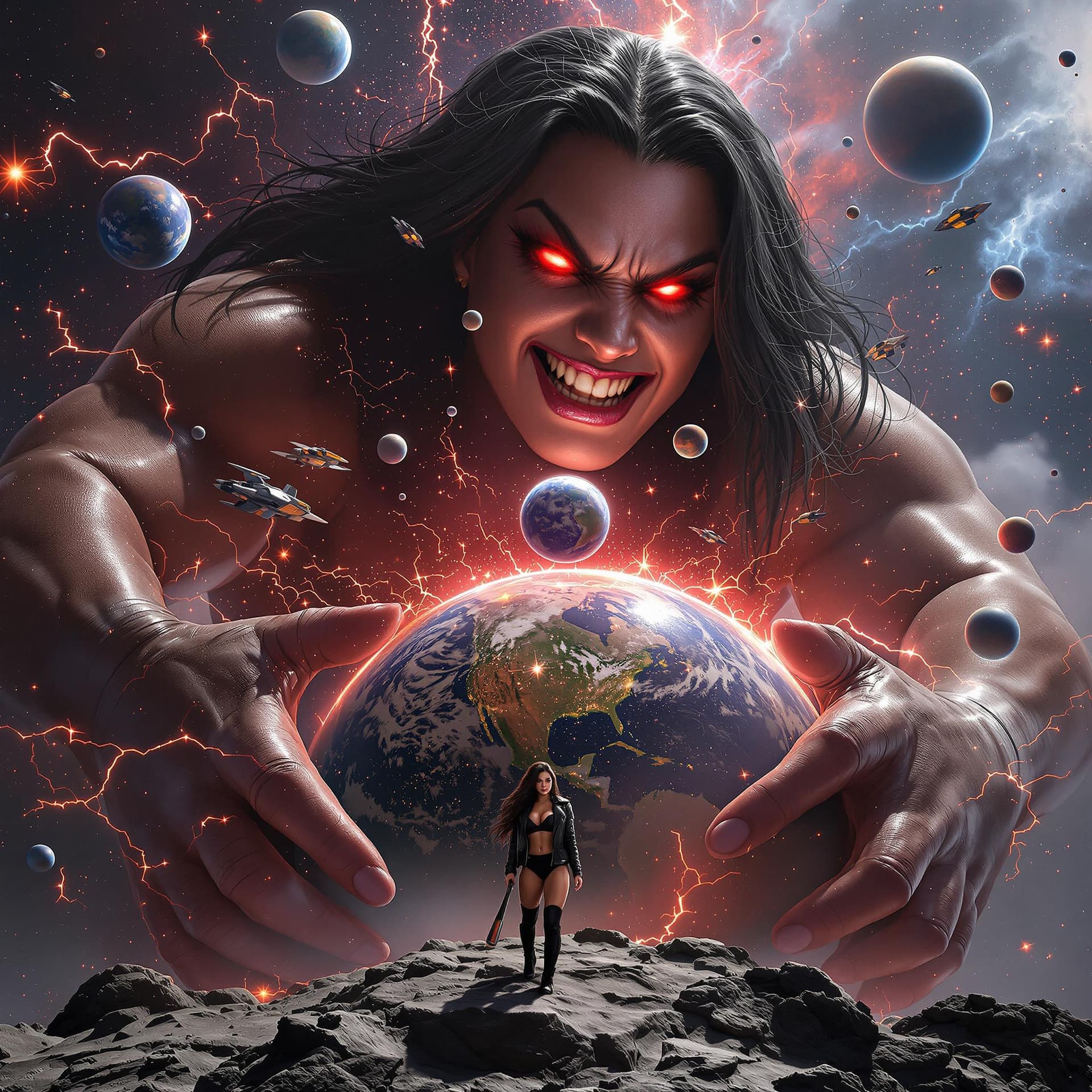 AI generated: enormous giantess Raquel Rodriguez  from WWE
bigger than a galaxy floating in space,  minuscule plan...