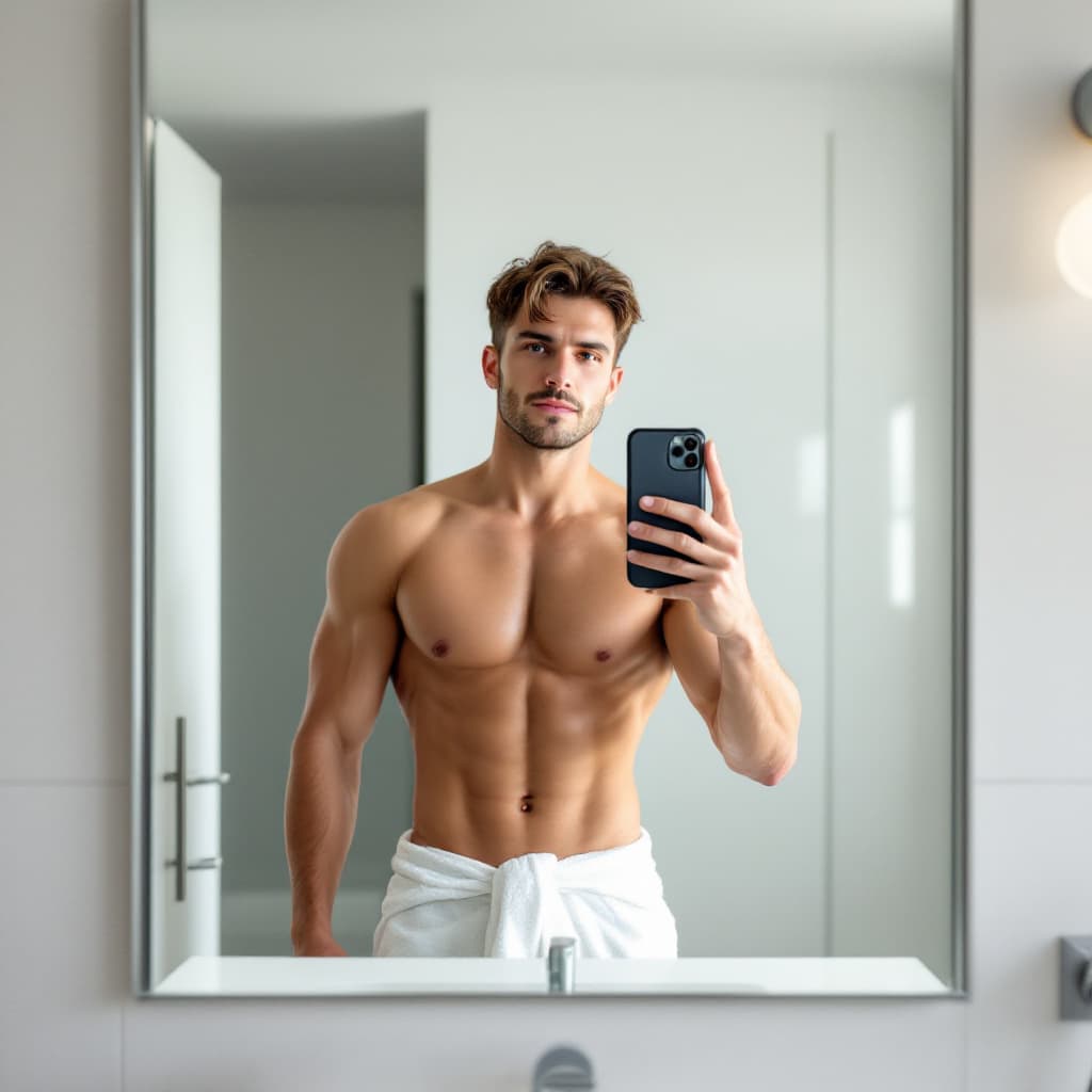 AI generated: A European man, 29 years old, with short brown hair, standing in front of a mirror taking a selfie w...