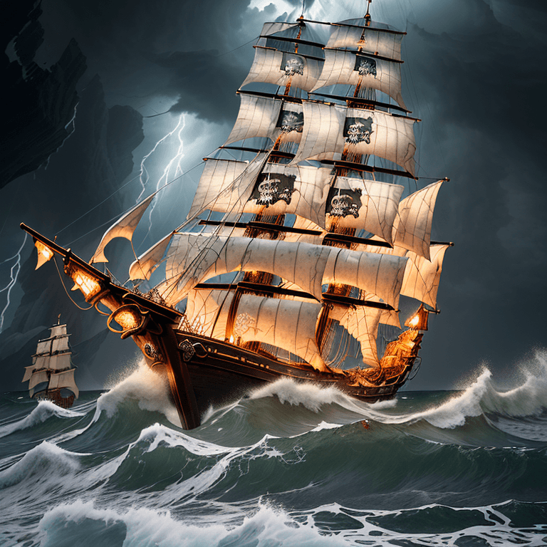 AI generated: In the throes of a fierce storm, a pirate ship graced with intricate carvings and gleaming shackles ...