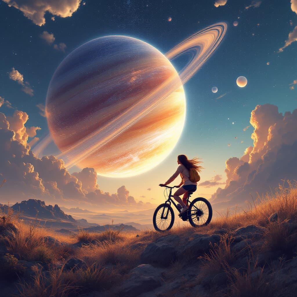 AI generated: 22 years old girl riding a bike on a another planet. Sky is beautiful, saturn like planet visible