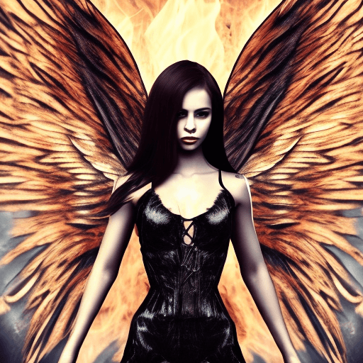 AI generated: Beautiful Girl,  hot fallen angel, destroyed and burning wings, holding a black burning blade in her...