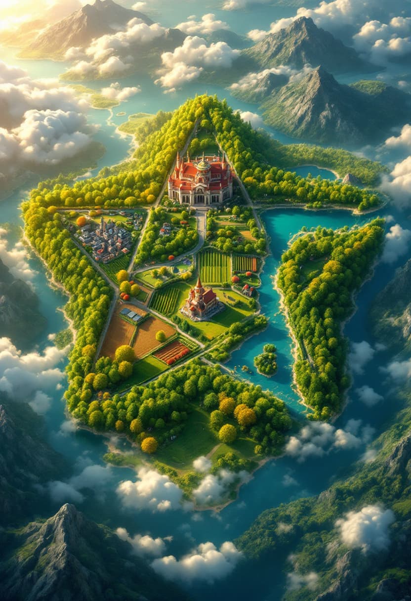 AI generated: A landscape that from above forms a pentagram with five points with a forest in on part and city in ...