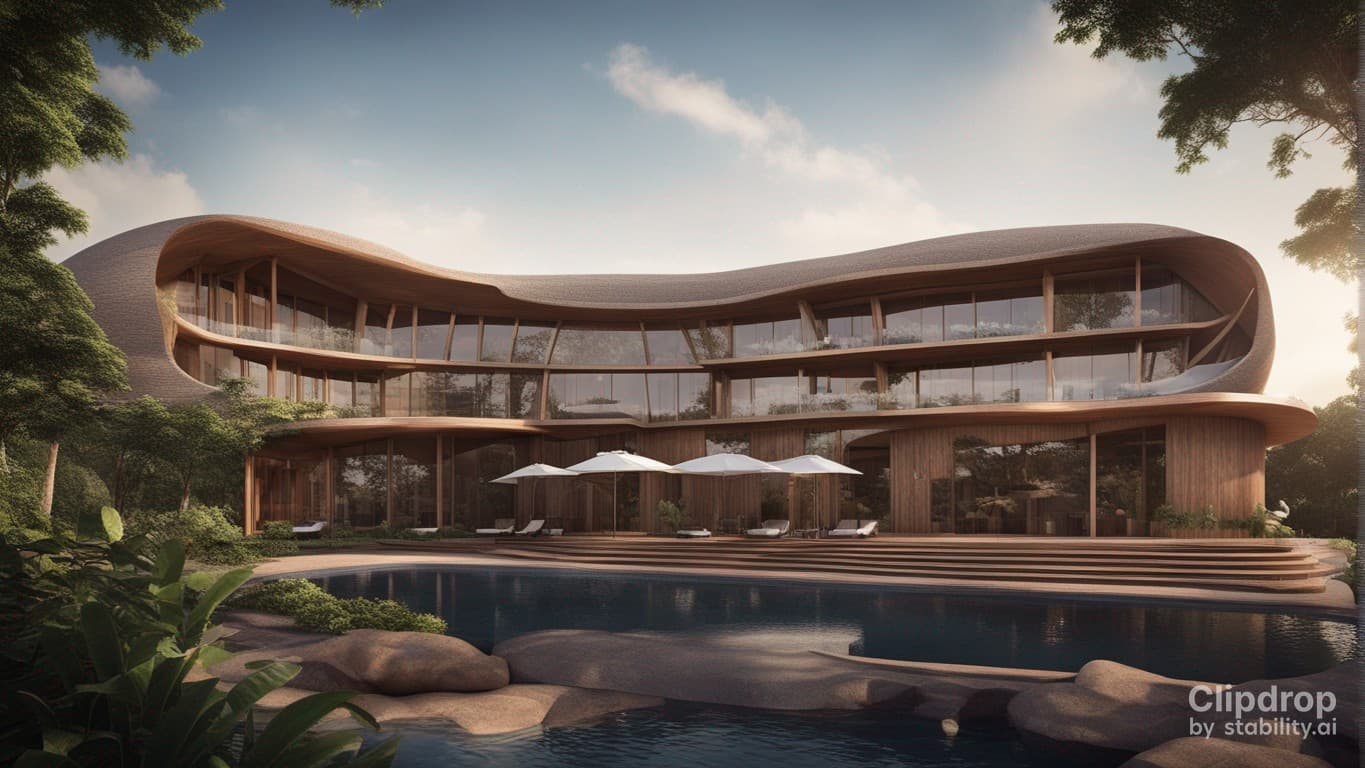 AI generated: a magnificent modern ecotourism site with a design of the peoples of Cameroon, swimming pools and be...