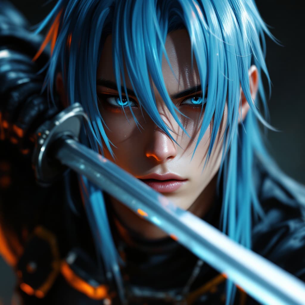 AI generated: a close up of a person with a sword, 3 d render official art, snk, male rogue, aliased, straight sky...