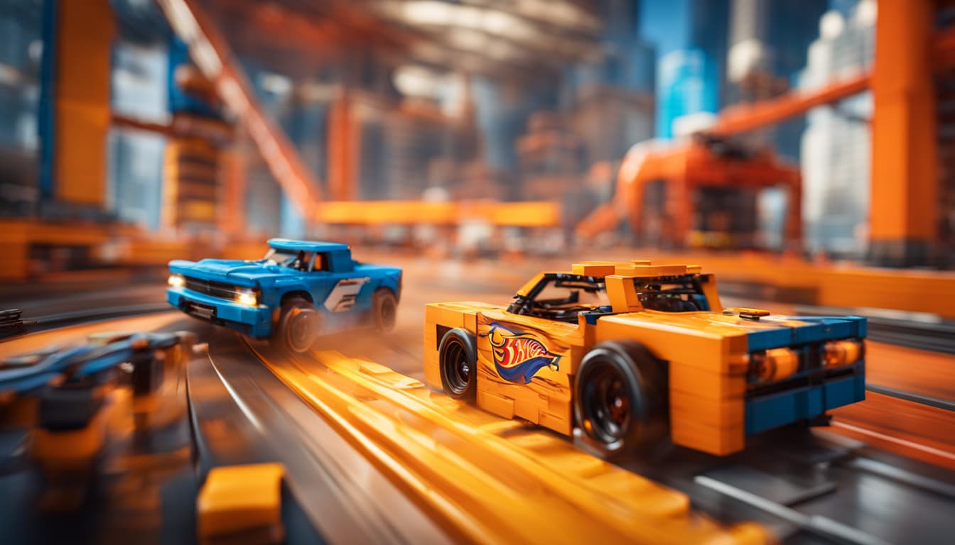 AI generated: cinematic CG 8k wallpaper, action scene from Hot Wheels tabletop racing game, (lego style), bogus ro...