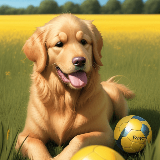 AI generated: Pixar cartoon style, golden retriever, sitting in field, yellow ball in mouth