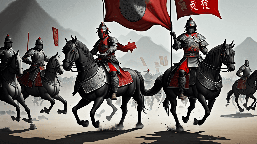 AI generated: Ink painting style of ancient China, see a general riding a horse followed by soldiers in the distan...