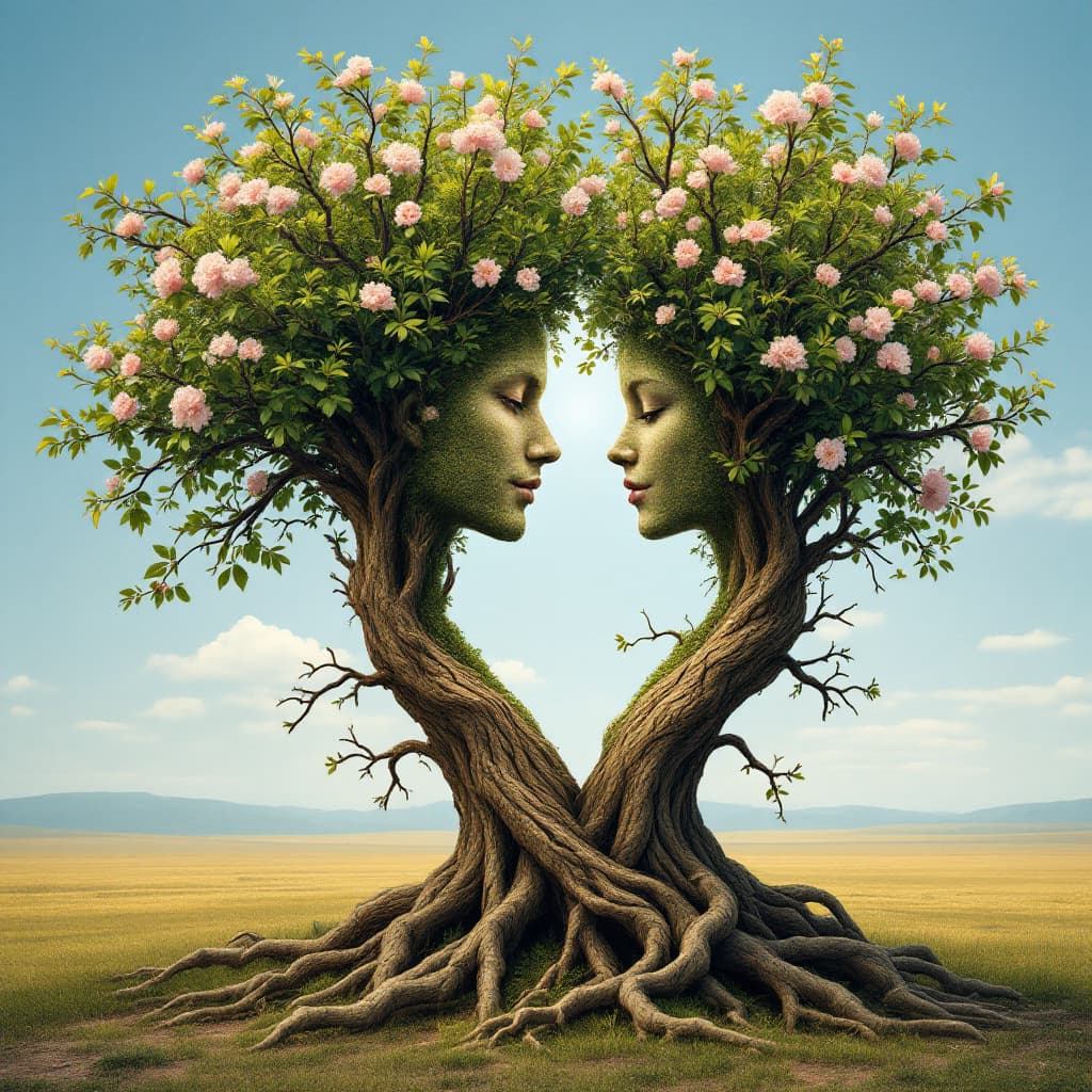 AI generated: A captivating surreal artwork featuring a mesmerizing fusion of human and nature. A male and female ...
