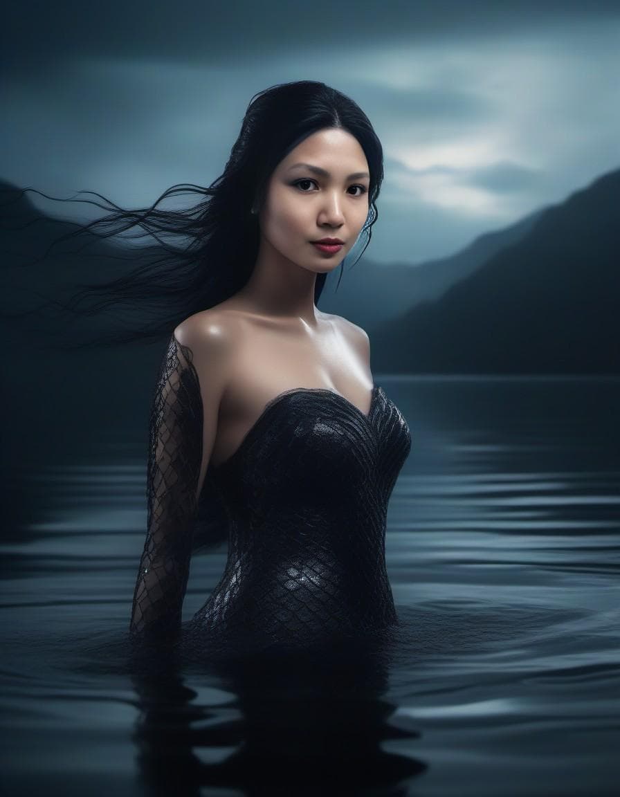 AI generated: Beautiful mermaid on a lake, wet and dense, mysterious, siren, unholy, creepy, horror, dark, intrica...