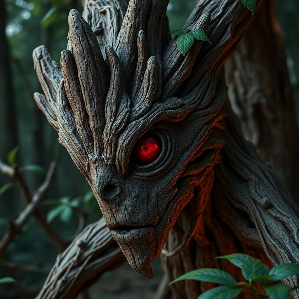 AI generated: a scary looking wood creature with a red eye, in the style of filip hodas, daz3d, sandy skoglund, na...