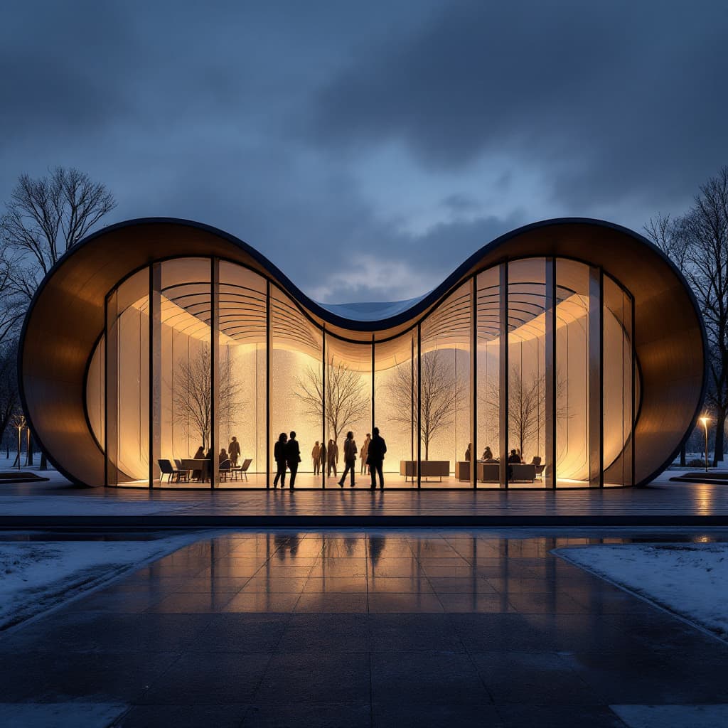 AI generated: modern minimalist architecture, contemporary pavilion design, symmetrical curved structure, panorami...