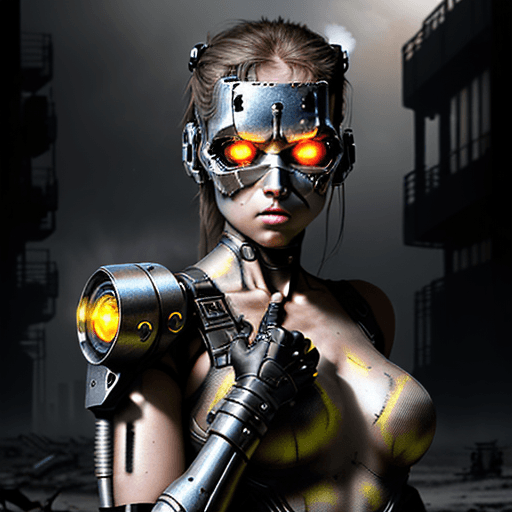 AI generated: A mesmerizing photograph capturing the ethereal beauty of the Terminator Girl, with her cyborg featu...