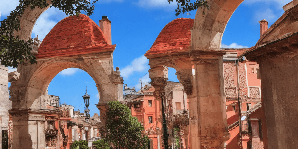 AI generated: Environment = Looking through Archway, Looking through Arch, Street in Foreground, Layered City, 16t...