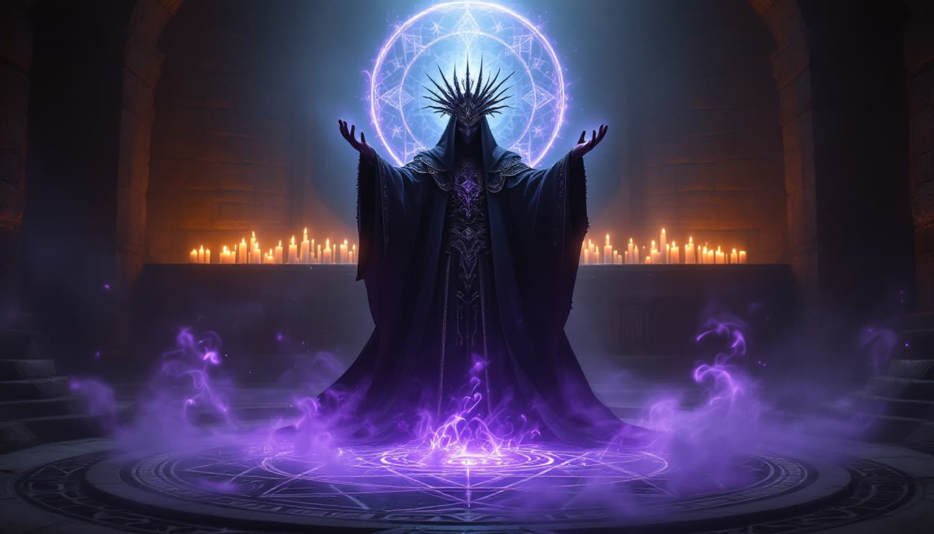 AI generated: Shrouded in an aura of dark magic, an imposing figure stands at the center of a dimly lit chamber, p...