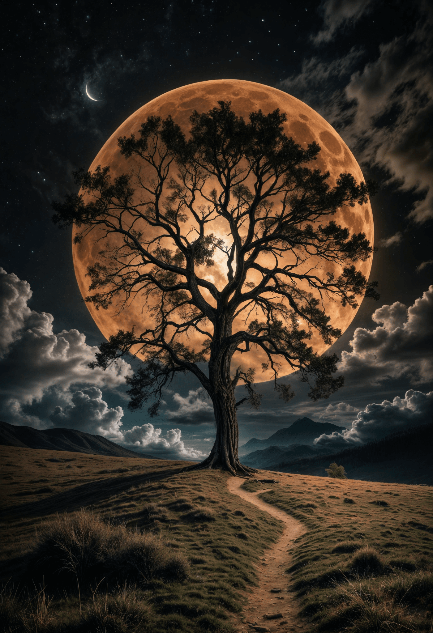 AI generated: A dark night with faint stars showing between many clouds, a full moon illuminating a single tree on...