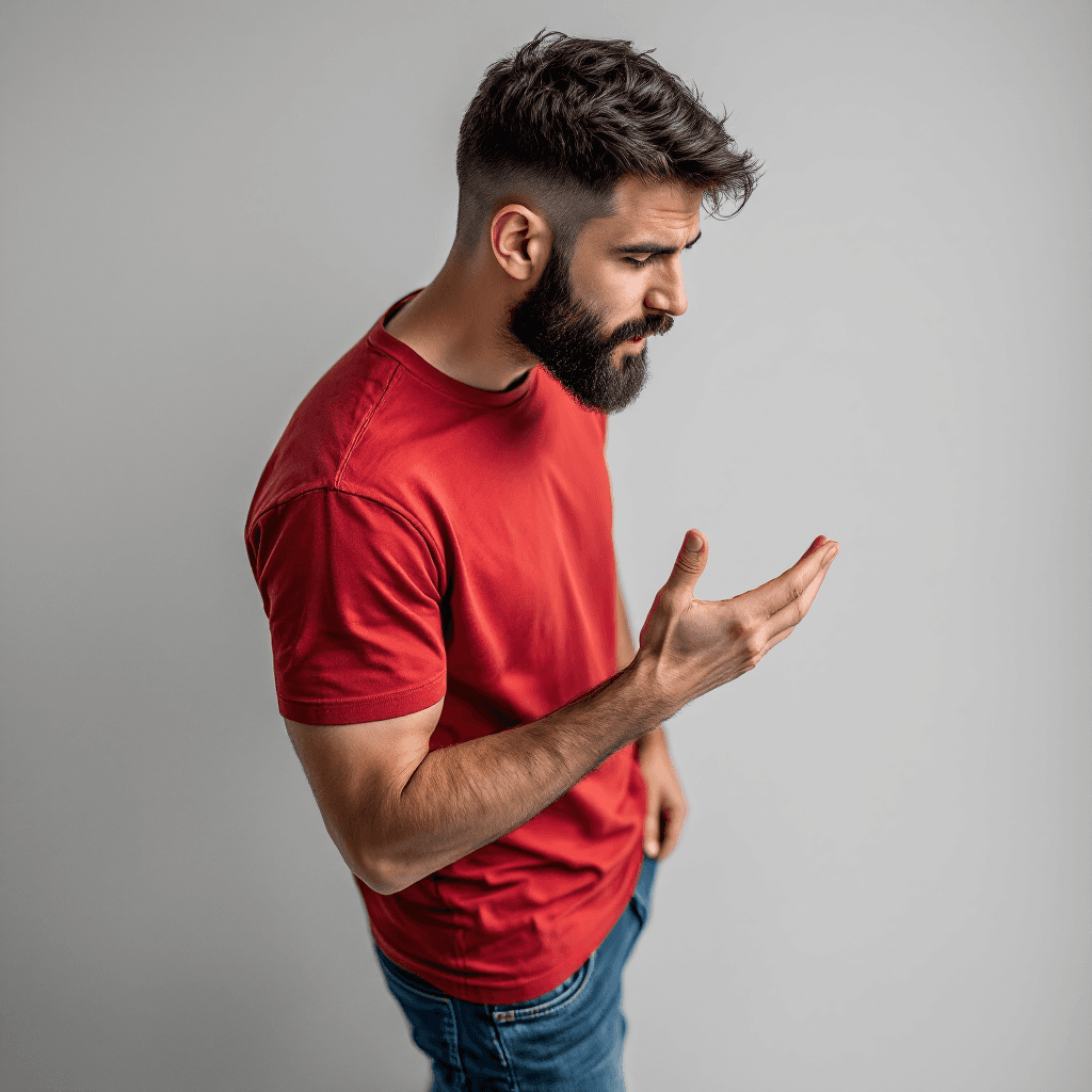 AI generated: hyper-realistic photo of a caucasian man, short burst-taper dark hair, beard, wearing straight-cut b...
