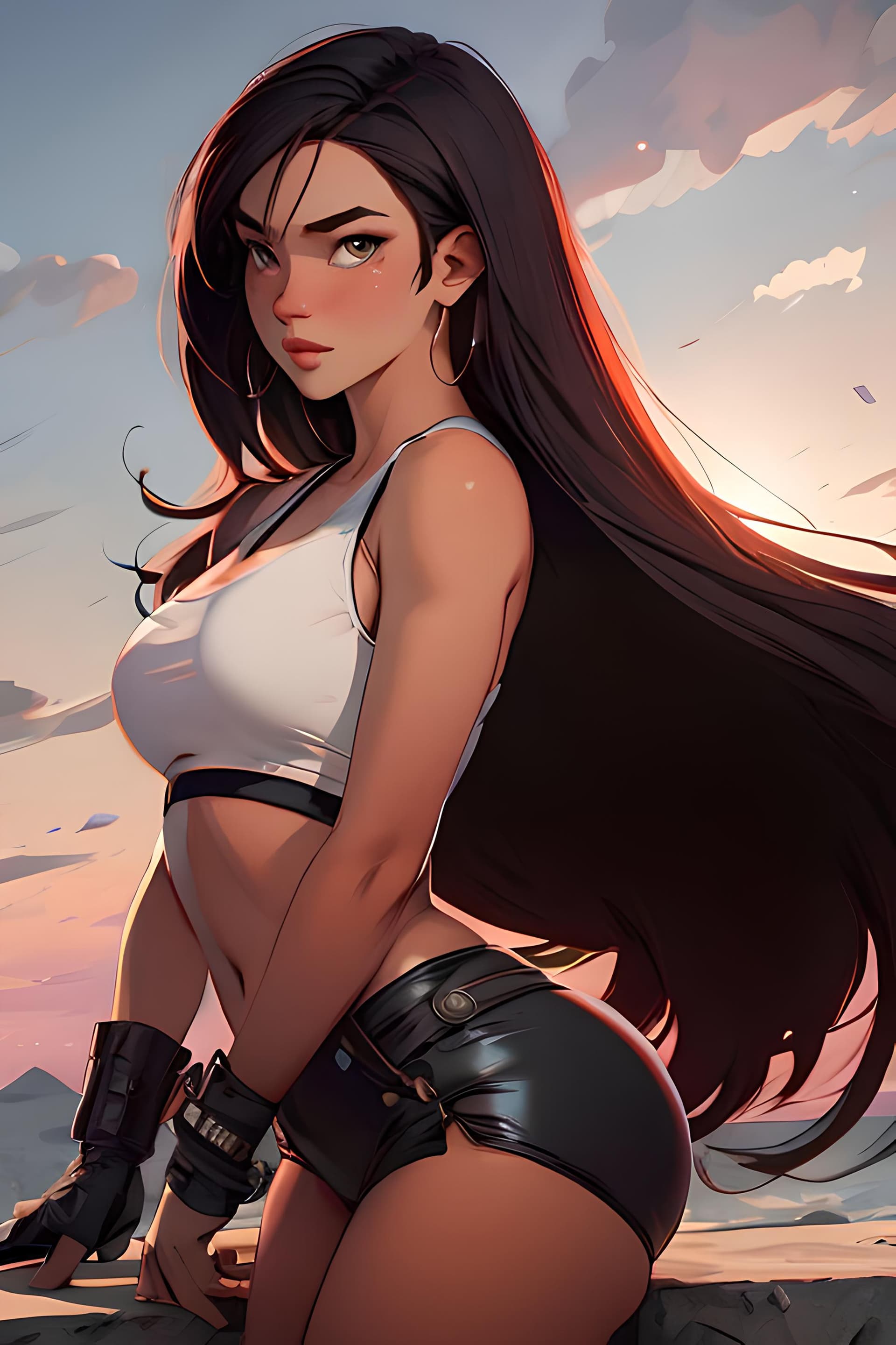 AI generated: a woman in a white top and black shorts, a digital painting, inspired by rossdraws, portrait of tifa...
