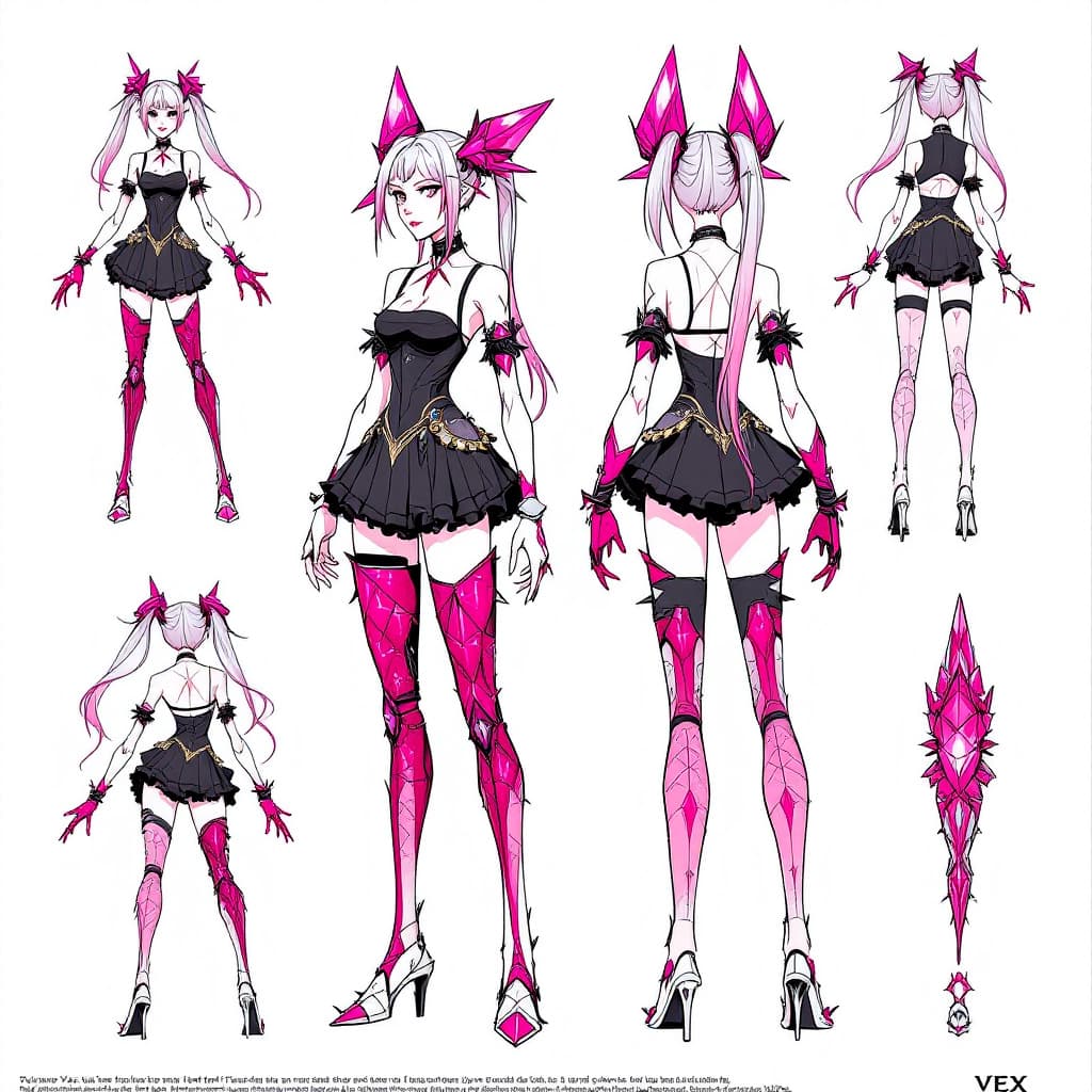 AI generated: Full-body reference of Vex, a delinquent magical girl with spiked ruby prosthetics (gem coated leg a...